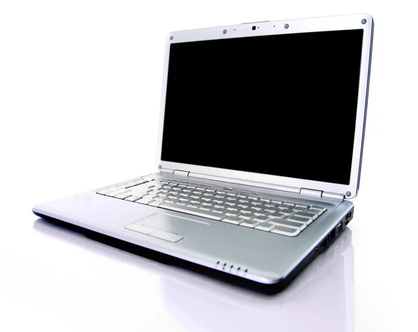 Cam masa üzerine düşünceler ile üzerine beyaz izole modern dizüstü bilgisayar. — Stok fotoğraf