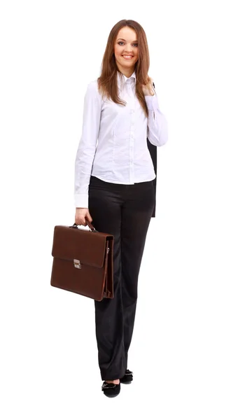 Positiva donna d'affari sorridente su sfondo bianco — Foto Stock