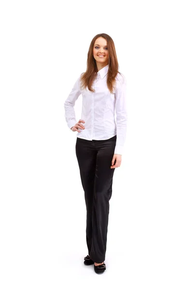 Positiva donna d'affari sorridente su sfondo bianco — Foto Stock