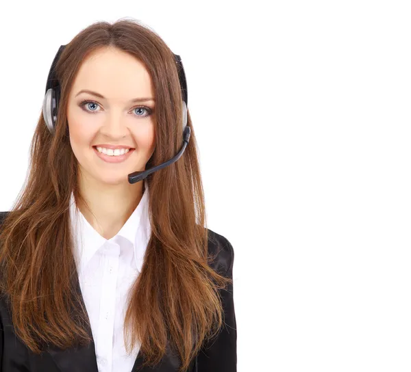 Mujer con auriculares en la oficina; podría ser recepcionista — Foto de Stock