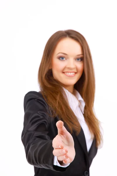 Retrato de uma mulher com uma mão aberta pronta para fechar um negócio — Fotografia de Stock