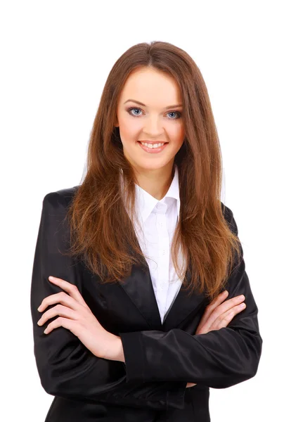 Θετικό επιχειρηματικό γυναίκα χαμογελά πάνω από το λευκό φόντο — Φωτογραφία Αρχείου