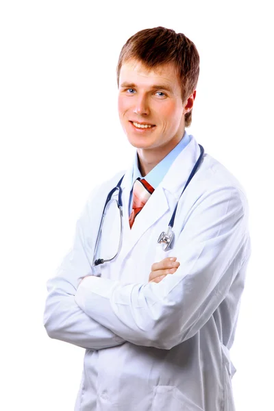 Tıbbi doktor stetoskop ile gülümseyerek. Beyaz arka plan üzerinde izole — Stok fotoğraf