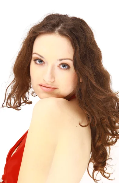 Sexy žena v červených šatech na bílém pozadí — Stock fotografie