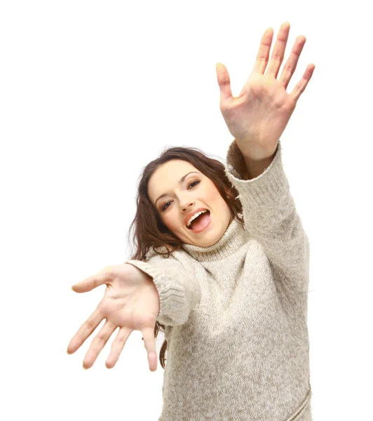 Portrait of excited young woman pointing with both hands towards the camera — Stock Photo, Image