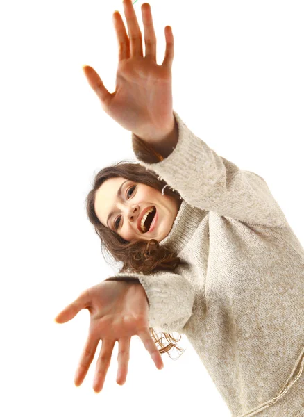 Молода жінка жестикулює руками на білому тлі — стокове фото