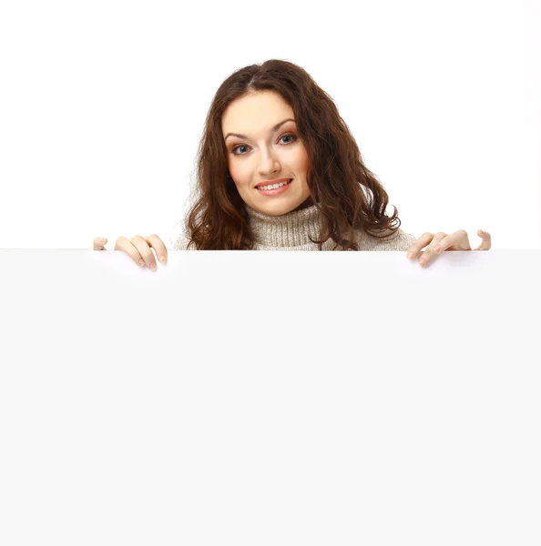 Retrato de close-up de uma jovem mulher de negócios com cartaz isolado em branco — Fotografia de Stock