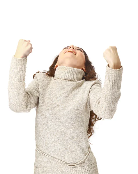 Vrouw lachend met haar duimen omhoog - geïsoleerd op witte achtergrond — Stockfoto