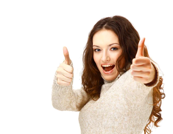 Vrouw lachend met haar duimen omhoog - geïsoleerd op witte achtergrond — Stockfoto