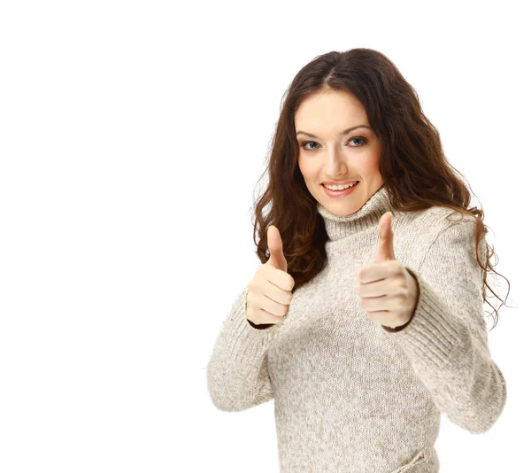 Frau lächelt mit erhobenem Daumen - isoliert auf weißem Hintergrund — Stockfoto