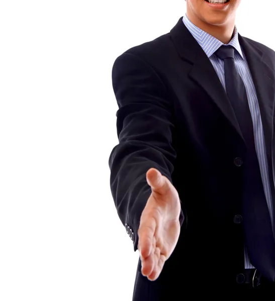 Jovem empresário cumprimentando com aperto de mão isolado em branco — Fotografia de Stock