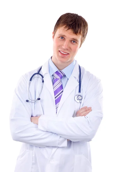 Médico sonriente con estetoscopio. Aislado sobre fondo blanco — Foto de Stock