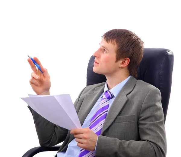 Ler affärsman som sitter på stol, isolerad på vit. — Stockfoto
