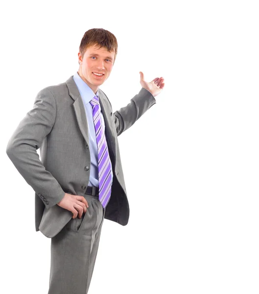 Empresário de comprimento total oferecendo aperto de mão isolado em branco — Fotografia de Stock