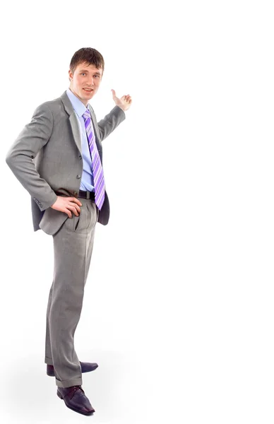 Hombre de negocios de larga duración que ofrece apretón de manos aislado en blanco — Foto de Stock