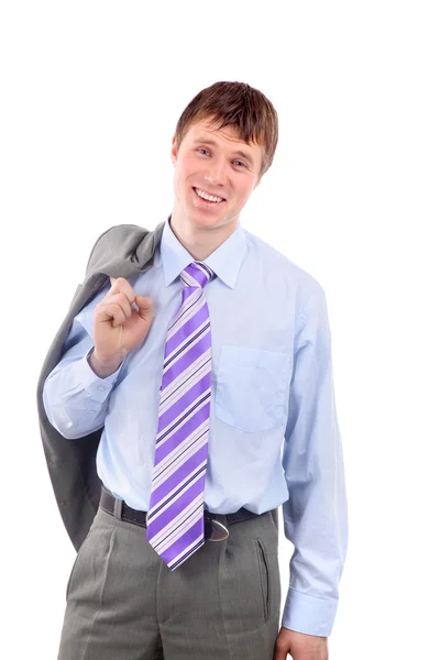Porträt eines lächelnden jungen Geschäftsmannes, der gegen isolierte weiße Ba — Stockfoto