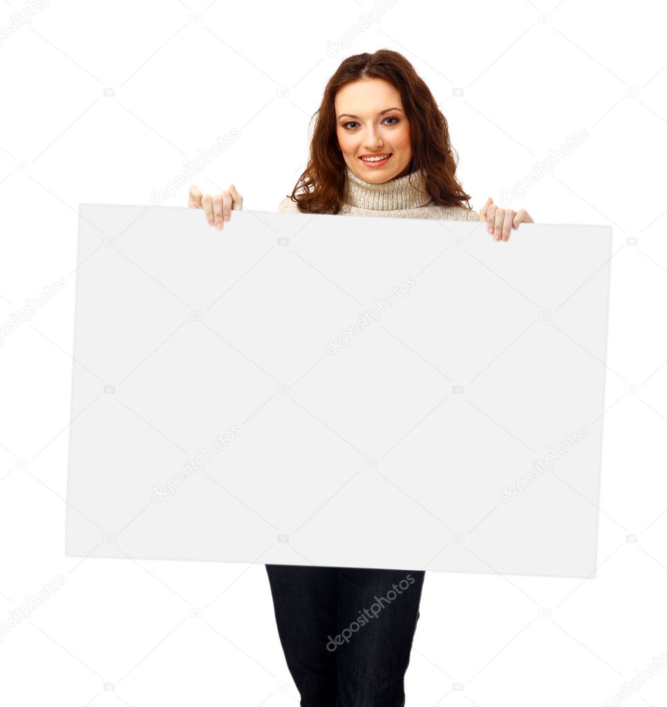 Closeup portrait of a young business woman with billboard isolated on white