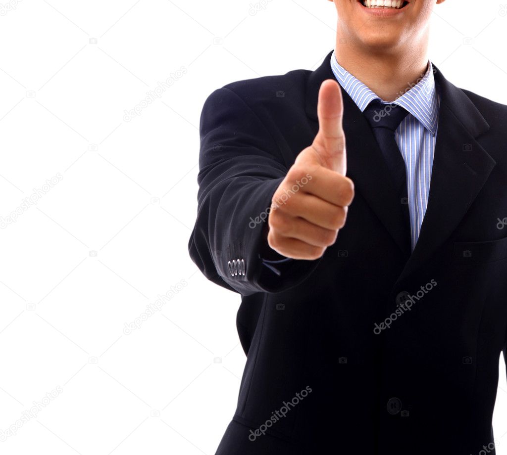 Young business man going thumb up, isolated on white