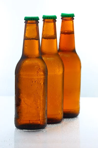 Three beer bottles abreast — Stock Photo, Image