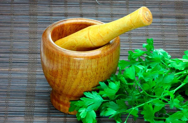 stock image Old wooden mortar and pestle