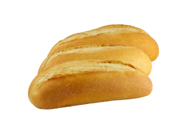 Beyaz bac izole üç taze ekmek — Stok fotoğraf