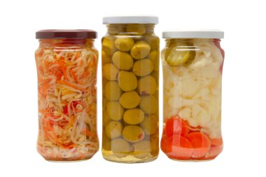 Glass jars with marinated vegetables clipart