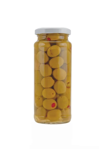 stock image Pickled olives in glass jar