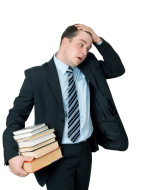 Sad businessman with books clipart