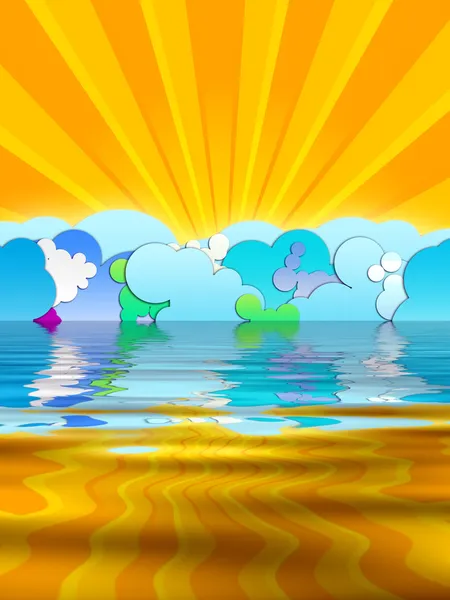Zonnestralen en cartoon wolken — Stockfoto