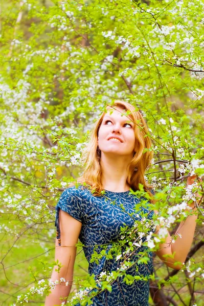 Молодая женщина и цветущее дерево — стоковое фото