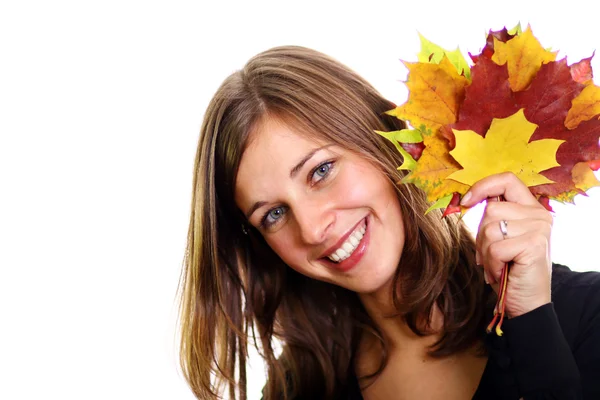 Beautiful young woman and maple leaves — Stock Photo, Image