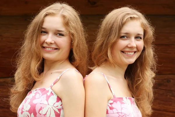Близнецы сестры в розовом платье — стоковое фото