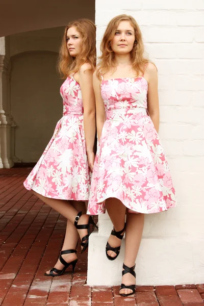 Gêmeos de irmã em vestido rosa — Fotografia de Stock
