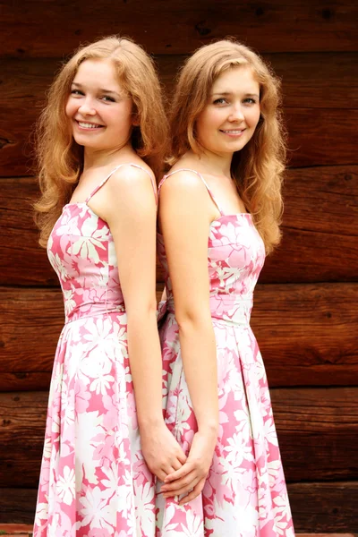 Dvojčata sestry v růžových šatech — Stock fotografie