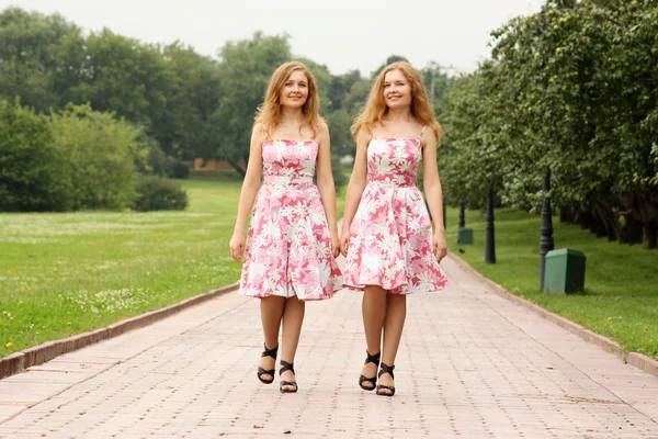 对双胞胎姐妹在粉红色的裙子 — 图库照片