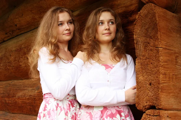 Gemelli di sorella in abito rosa — Foto Stock