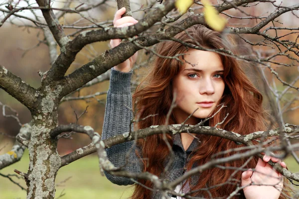 Hermosa joven en el parque otoñal — Foto de Stock