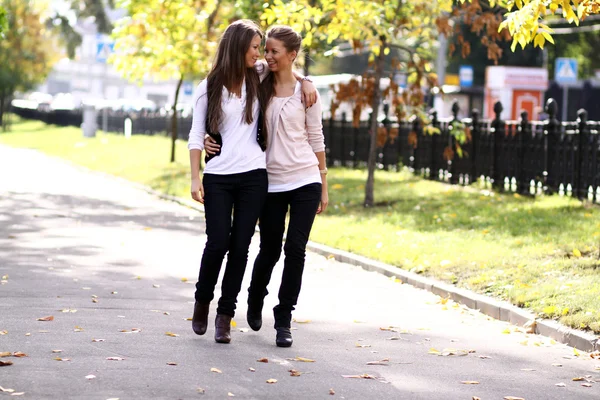 Модные девушки-близнецы гуляют — стоковое фото