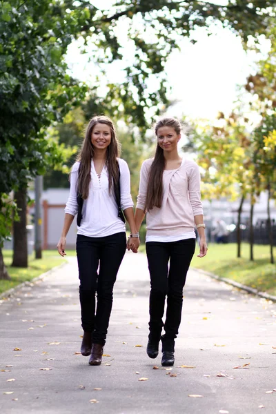 Modieuze meisjes tweelingen lopen — Stockfoto