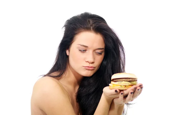 Femeia mănâncă burger — Fotografie, imagine de stoc