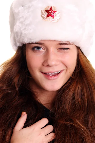 stock image Woman in a furry hat