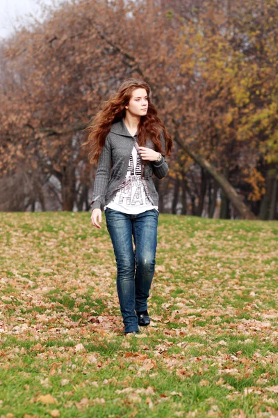 秋の公園で美しい若い女性が — ストック写真
