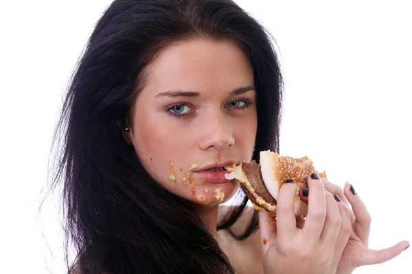 Vista lateral da mulher segurando um sanduíche — Fotografia de Stock