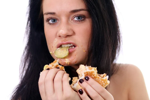 Side view of woman holding a sandwich — Stock Photo, Image