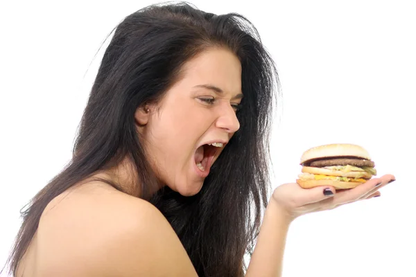 샌드위치를 들고 여자의 모습 — 스톡 사진