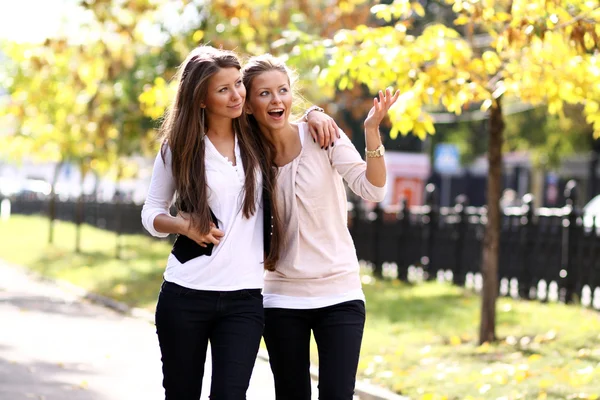 两个性格开朗的女孩双胞胎，在街上 — 图库照片