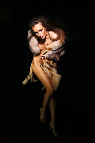 Sexual model in a fur coat — Stock Photo, Image