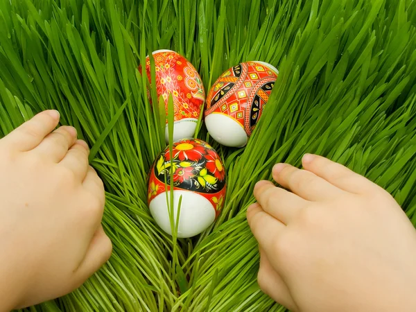 Easter eggs in the grass and hands — Stock Photo, Image