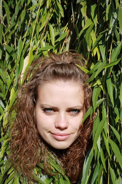 Chica joven se ha escondido detrás de las hojas —  Fotos de Stock
