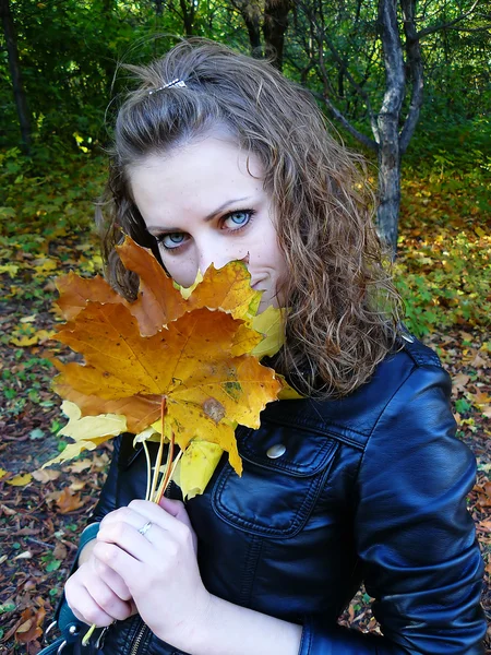 Girl holds yellow leaves — Stock Photo, Image